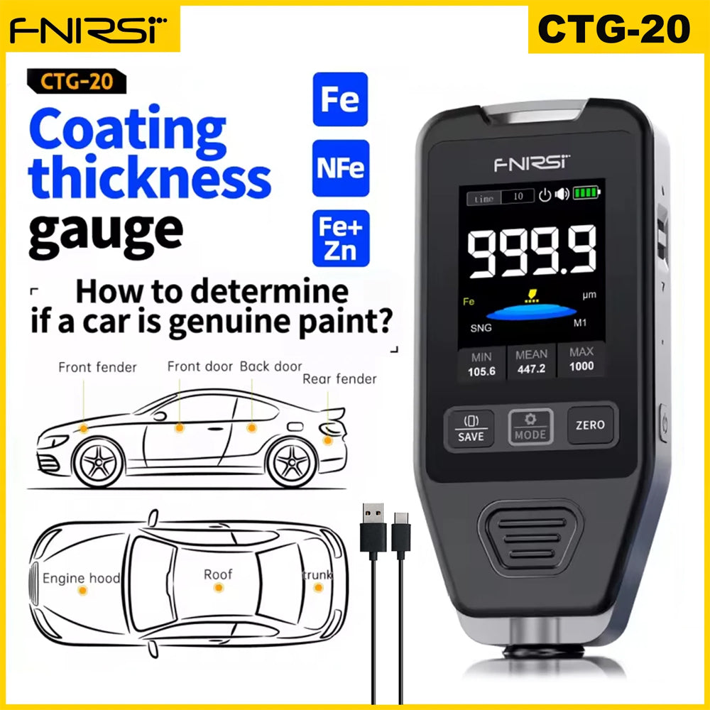 FNIRSI CTG-20 Car Paint Thickness Gauge Electroplate Metal & Putty Powder Coating Thickness Gauge for Car 0-1400um Fe nFe Fe+Zn
