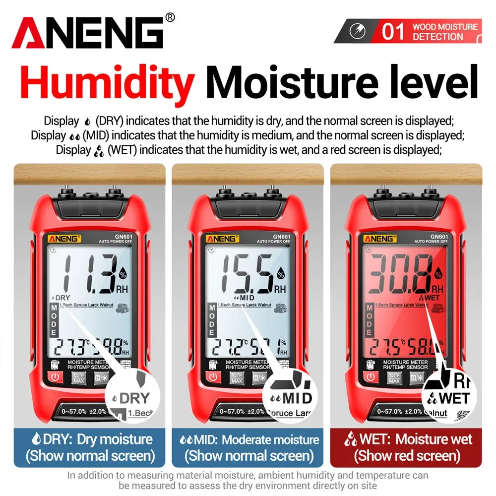 ANENG GN601 Digital Wood Moisture Meter 0~99.9% Timber Hygrometer  Meter Multiscene Measure Temperature Humidity Probe Testers