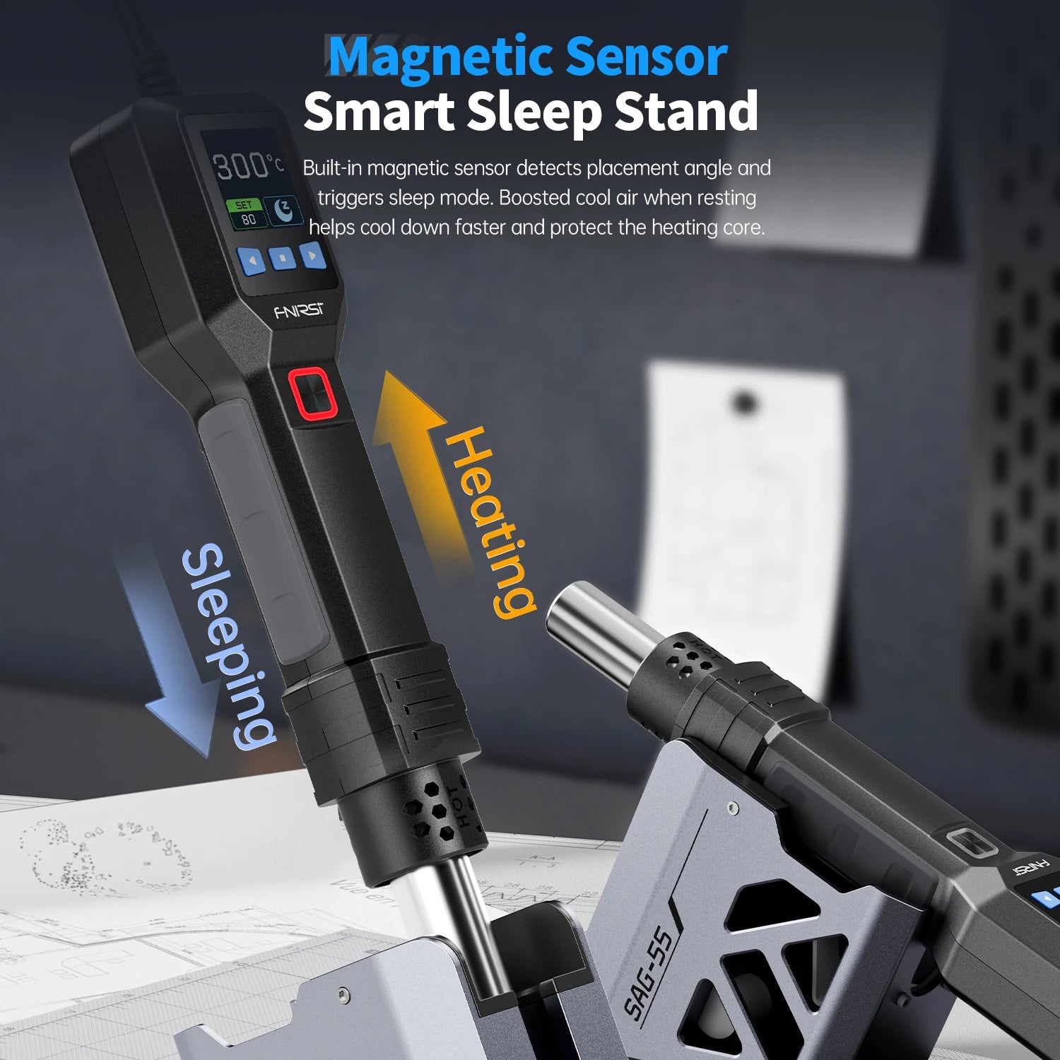 FNIRSI SAG-55 Handheld High-Temperature Hot Air Gun With Bracket Welding Hot Air Gun, Used For Welding Maintenance Tools