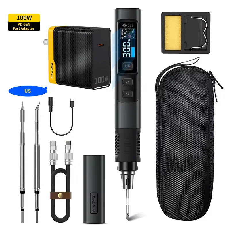 FNIRSI HS-02 Adjustable Temperature Soldering Iron DC 24V 100-450℃ Welding Solder Rework Station PD 100W Portable Repair Tool