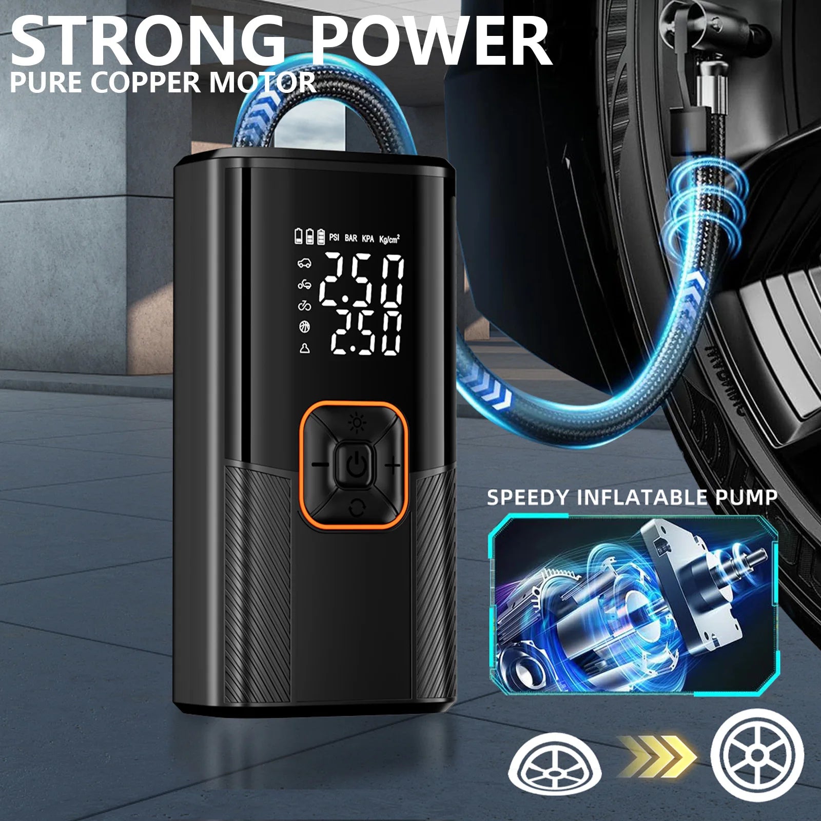 New Portable Cordless Air Pump For Car Tire Inflator With LED Light Large Capacity Battery USB C Fast Charging Electric Pump