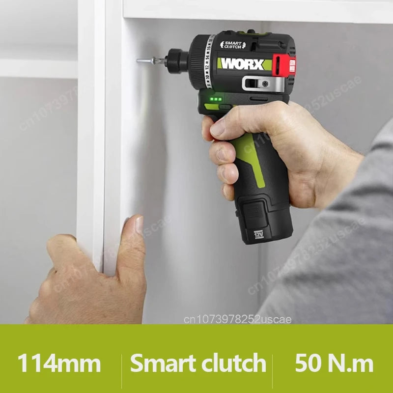 Worx WU139 Cordless Screwdriver Dual Speed 50Nm 12v 1800rpm 18+1 Brushless Motor Adjust Torque Univeral Green 12V Battery Pack