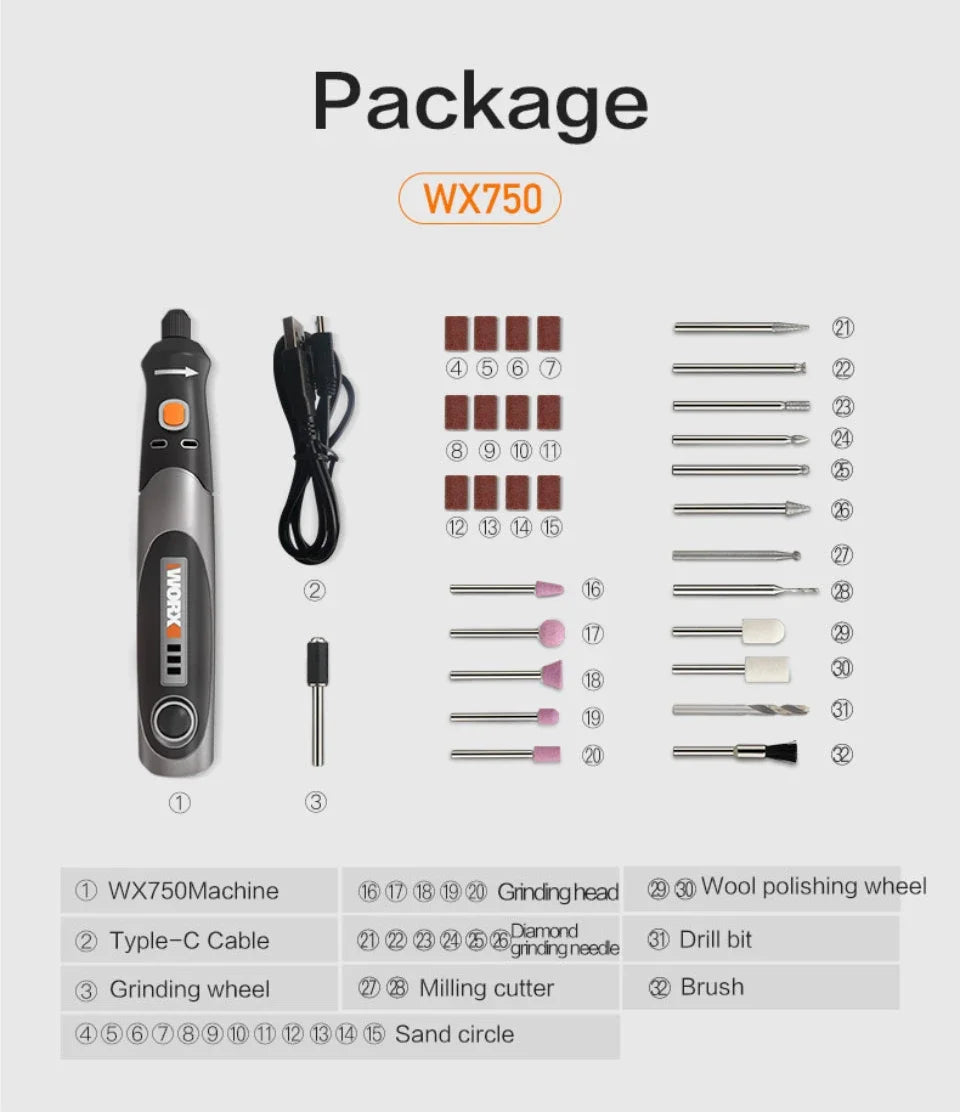 Worx 8V Rotary WX750 WX106 Cordless Mini Drill Engraving Grinding Polishing Machine USB Charger Variable Speed Power Tools Bits