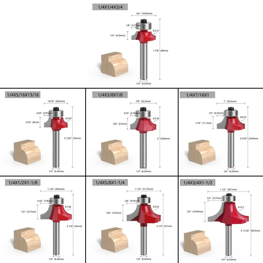 Fraise à arrondir les angles avec queue de 6,35 mm, pour le travail du bois, le rainurage et la sculpture, avec roulement à billes haute performance. 