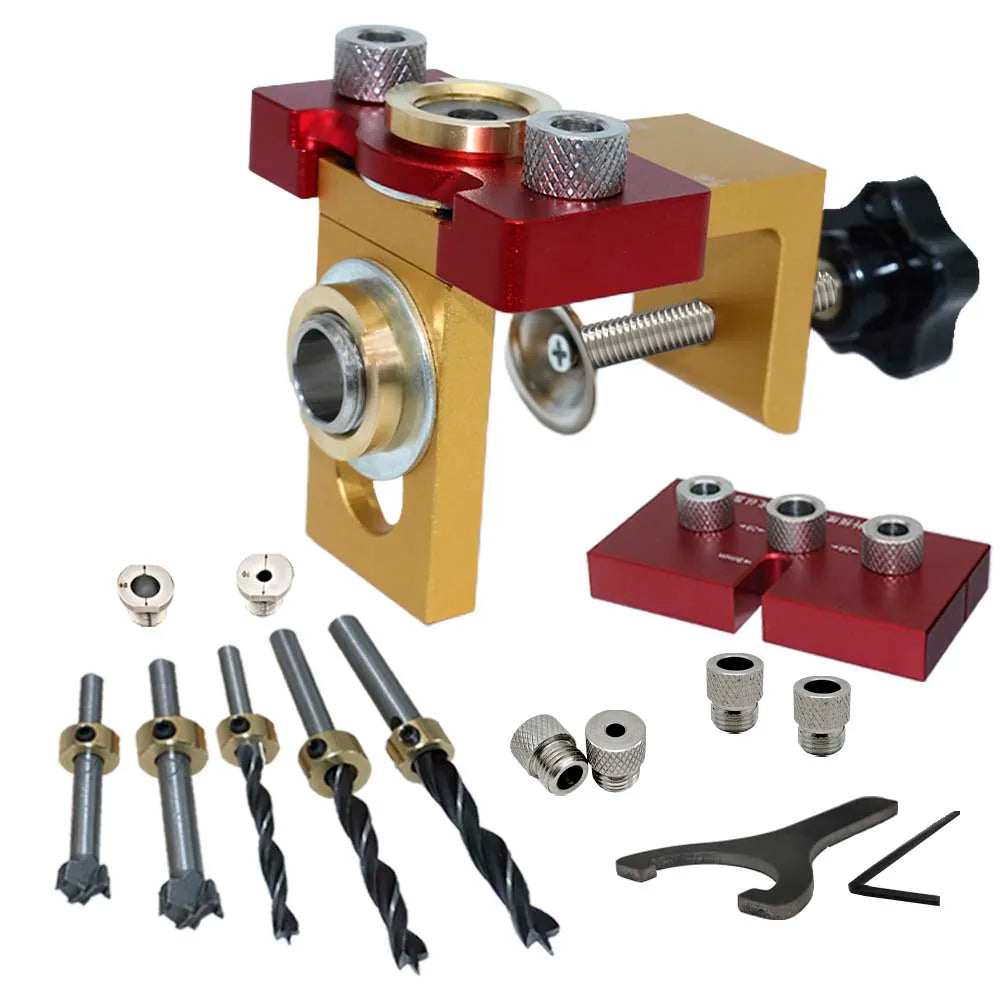 Kit de gabarit de perçage 3 en 1 avec clip de positionnement, guide de perçage réglable, poinçon et localisateur pour le travail du bois et les assemblages. Outils pour la menuiserie et le bricolage. 