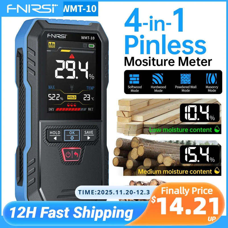 FNIRSI WMT-10 Inductive Wood Moisture Meter Hygrometer Non-contact Timber Damp Wall Detector Non-destructive Humidity Tester
