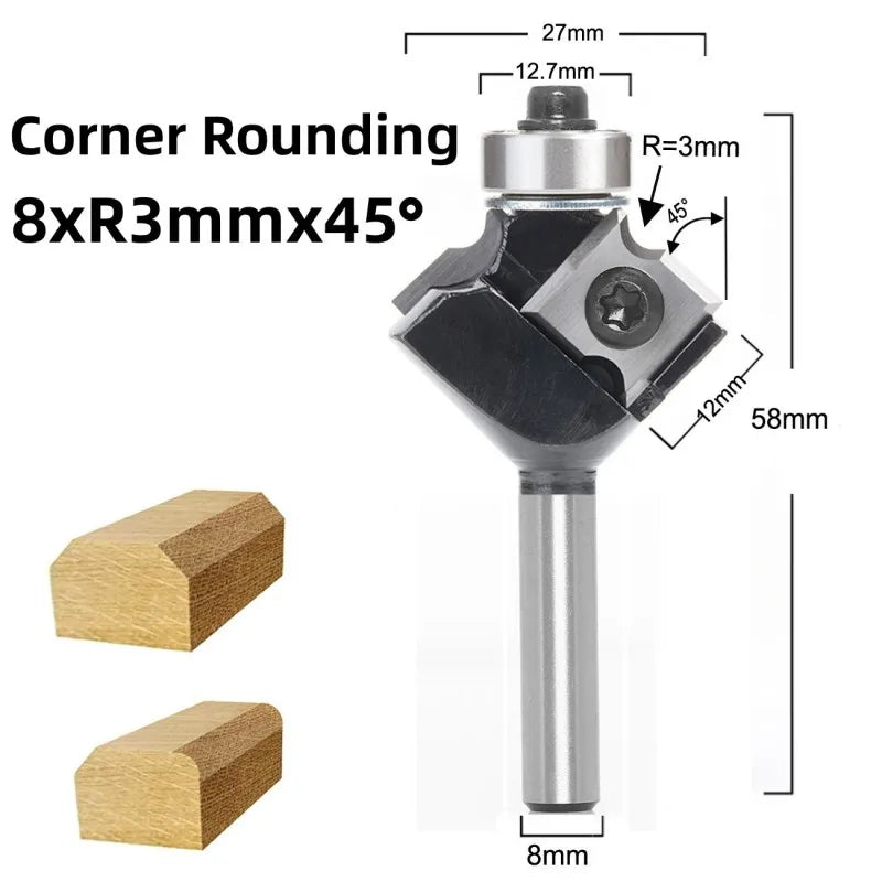 45 Degree Oblique Angle Router Bit 8mm Shank with Bearing Wood Carving Milling Cutter Woodworking Tools Corner Rounding End Mill