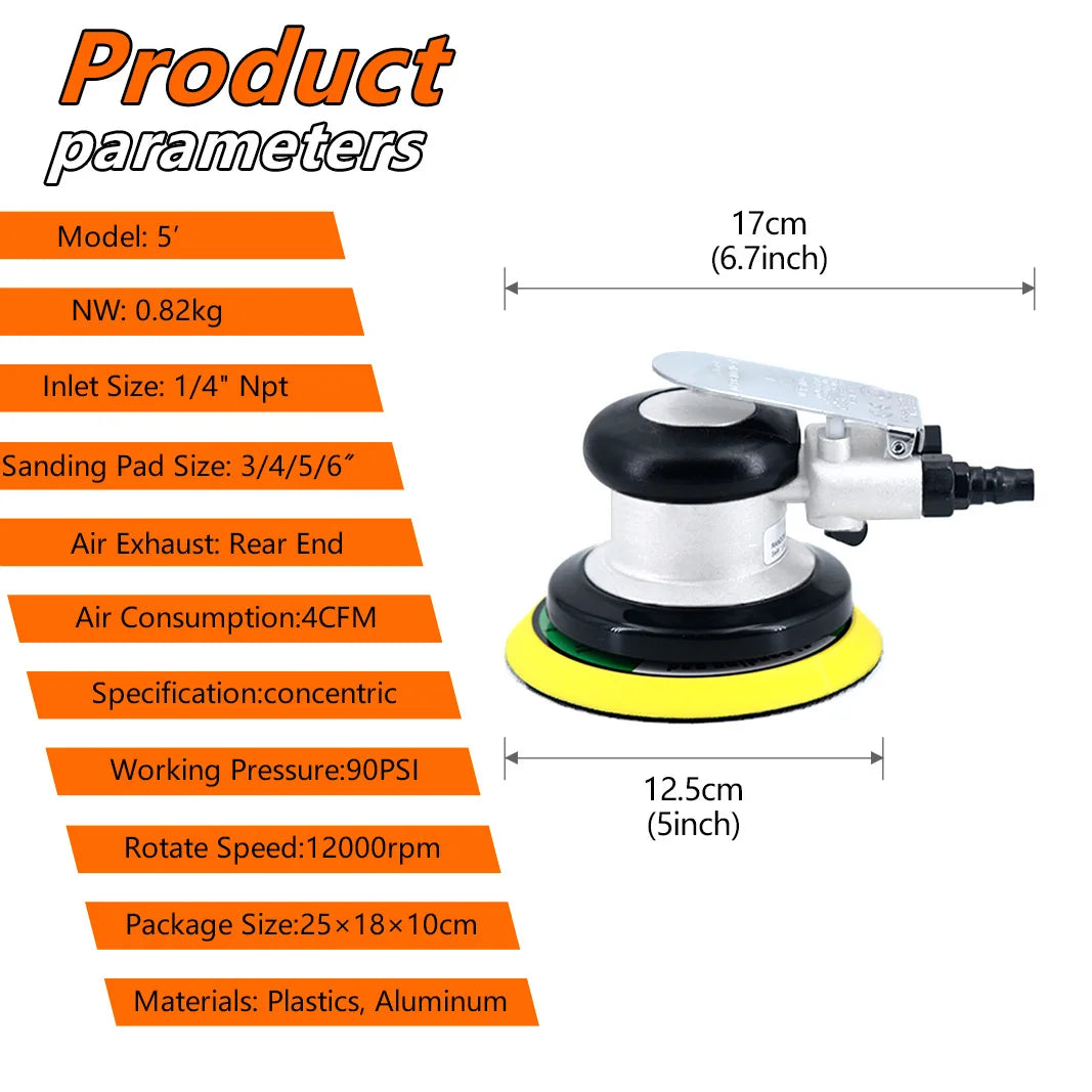 Pneumatic Orbital Sander Grinder 5inch 125mm Polishing/Grinding Grinder Tools for Furniture Metal Wood Grinding Car Body Waxing