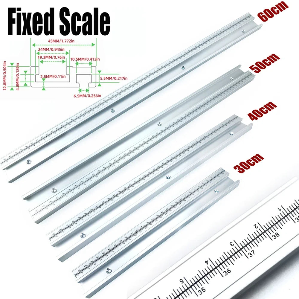 45# Chute T Track with Scale, Alloy T-tracks Slot Miter Track, 300-500mm 45 Type Chute Woodworking Table Saw Workbench DIY Tool
