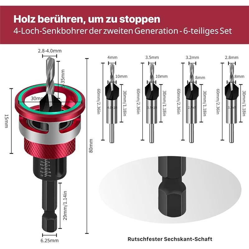 A03F-Wood Countersink Drill Bit Set 6-Piece Including Depth Stop Precision For Woodworking Drills