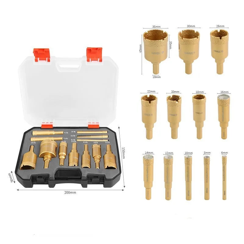 Diamond gold12pcs 6-35mm Brazing drill bit set box Angle Grinder Hole Opener Glass Marble Granite Ceramic Saw Kit Stone Reaming