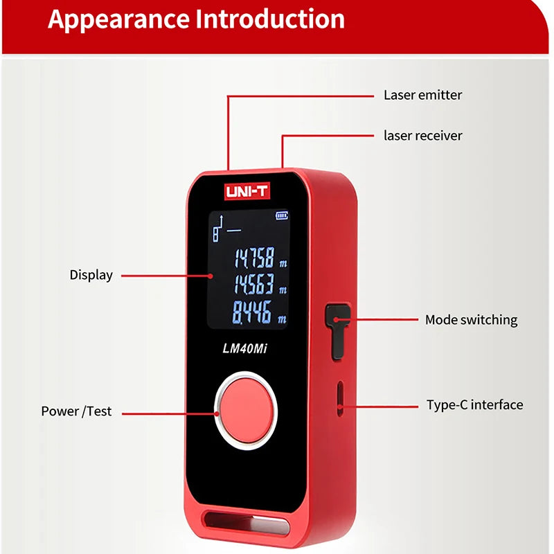 Télémètre laser miniature UNI-T 40 m/60 m, télémètre numérique avec affichage LED, rechargeable et portable 