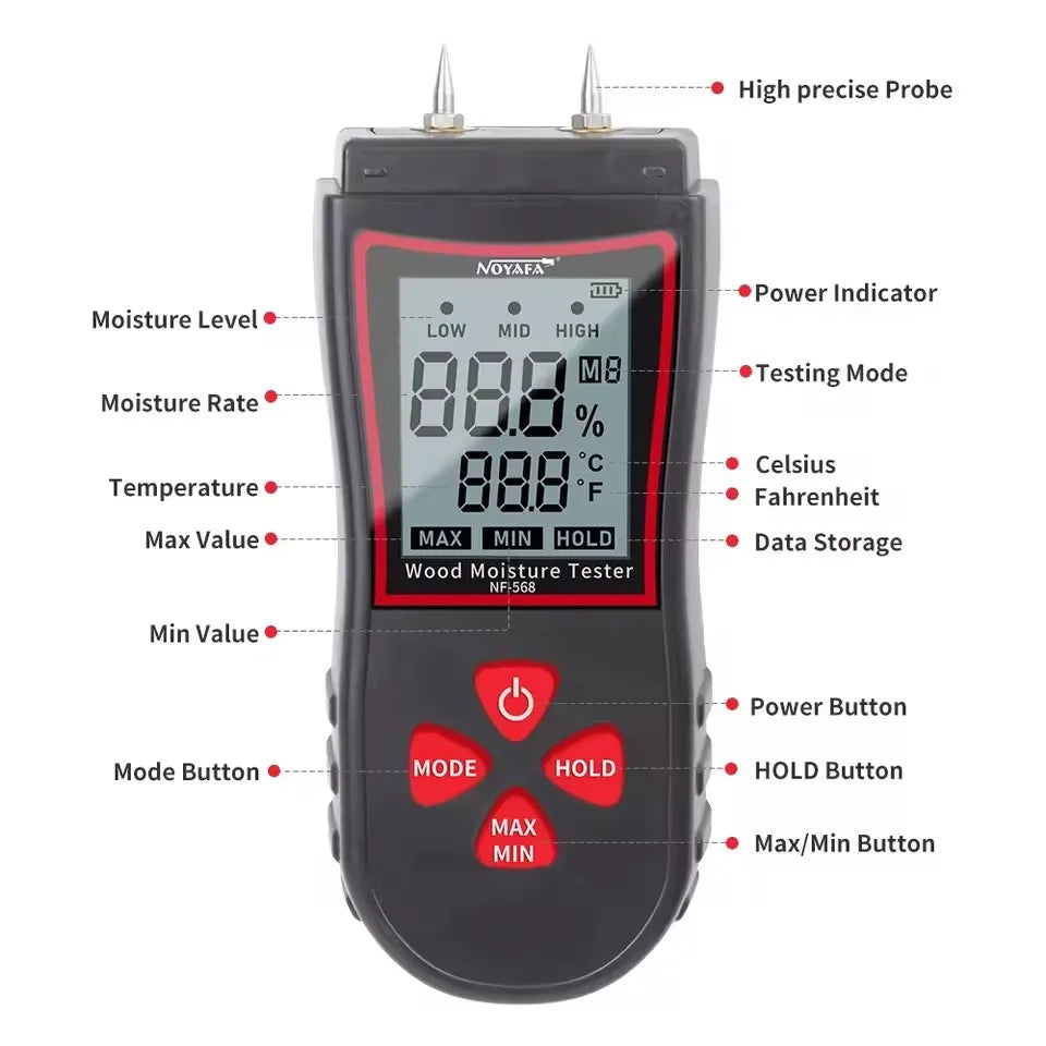 NOYAFA NF-568 Digital LCD Meter Detector Hygrometer 0-99% Humidity Wood Moisture Tester