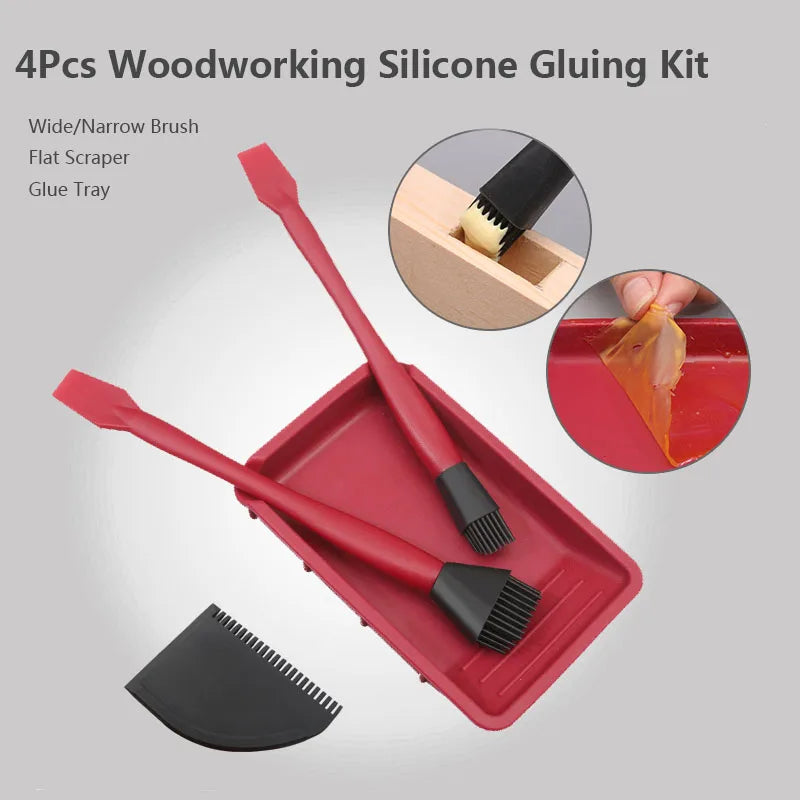 Wnew 4Pcs Silicone Glue Kit Wide Narrow Brush with Flat Scraper and Glue Tray Woodworking Gluing Kit Set