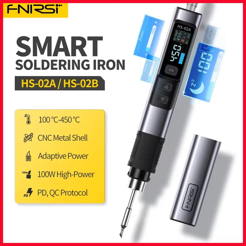FNIRSI HS-02 Adjustable Temperature Soldering Iron DC 24V 100-450℃ Welding Solder Rework Station PD 100W Portable Repair Tool