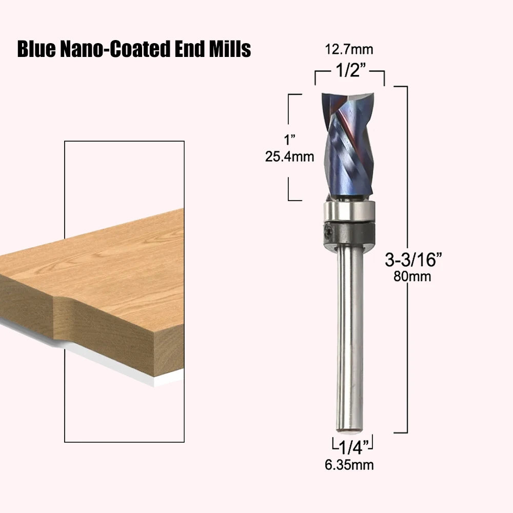 Woodworking Milling Cutter Blue Nano-Coated End Mill Bearing  Composite Trimming Cutter Router Bit 1/4" 6mm Shank Tools