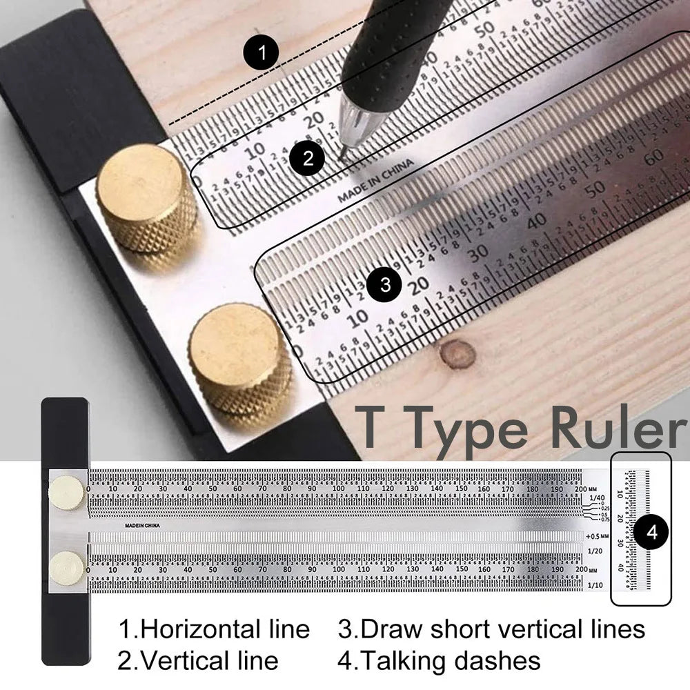 180-400mm High-Precision Scale Ruler T-Type Hole Ruler Stainless Woodworking Scribing Mark Line Gauge Carpenter Measuring Tool