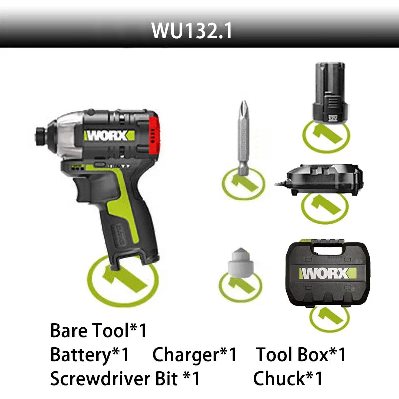 WORX Cordless Impact Screwdriver WU132 140Nm 12V 3300rpm Brushless Motor Adjust Torque Maintenance Power Tools Electric Drill