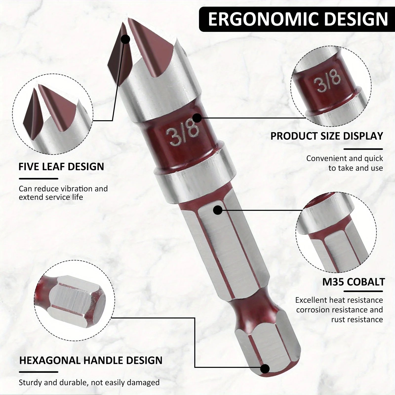 5pcs M35 Cobalt Countersink Drill Bit Set 5 Flute 82° 1/4" Hex Shank 1/4 3/8 1/2 5/8 With Holder Storage Strip for Metal Work