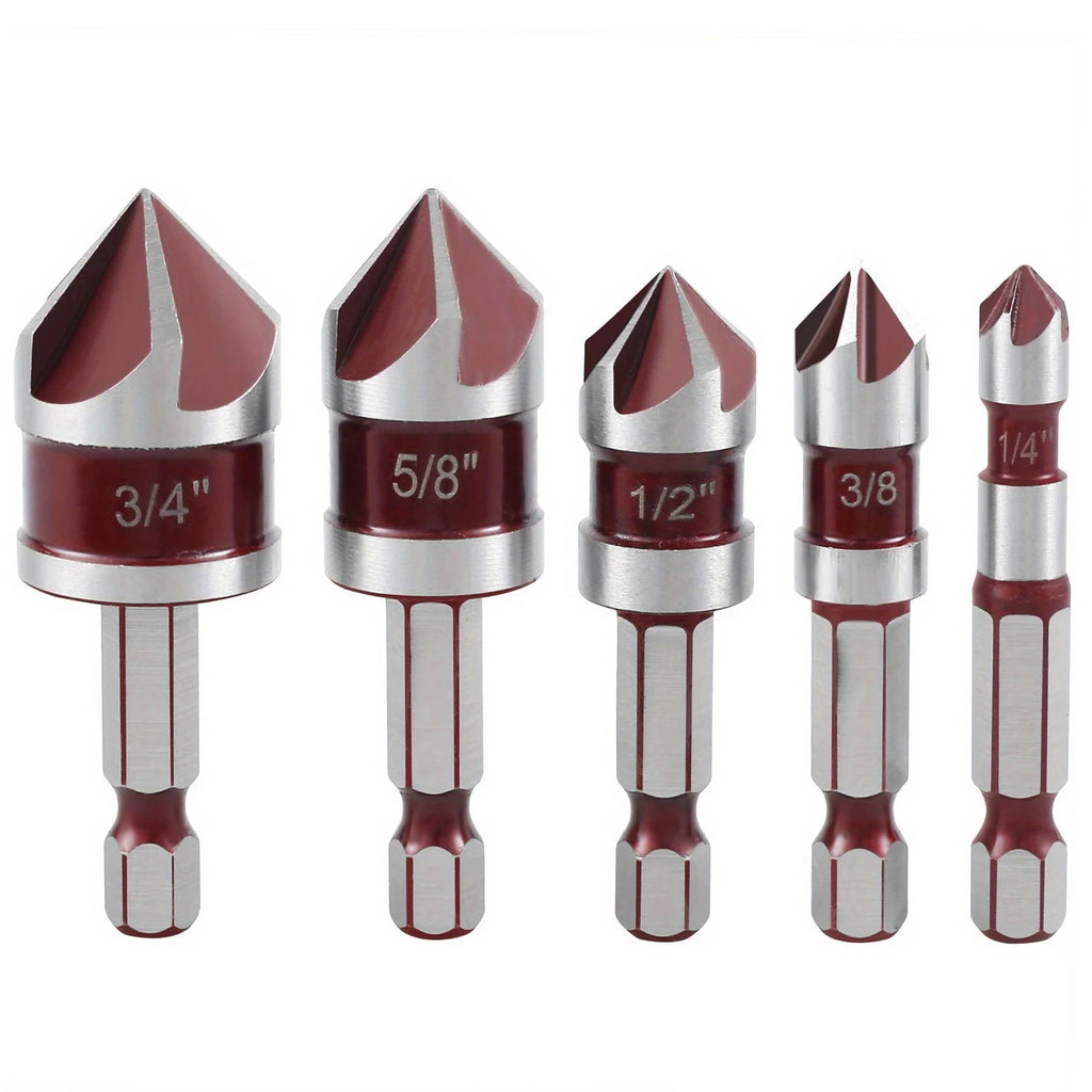 5pcs M35 Cobalt Countersink Drill Bit Set 5 Flute 82° 1/4" Hex Shank 1/4 3/8 1/2 5/8 With Holder Storage Strip for Metal Work