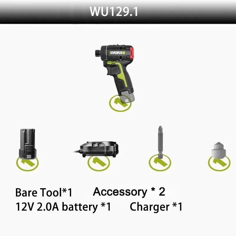 Worx WU129 Cordless Screwdriver Dual Speed 40Nm 12V 1800rpm Brushless Motor Adjustable Torque Wireless Drill Univeral Battery