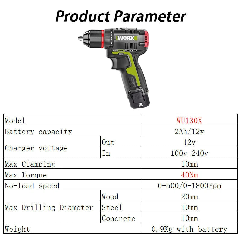 WORX WU130X 12V Cordless Electric Screwdriver Drill 40Nm Brushless Motor for Metalworking Home Lithium Battery Power Tools