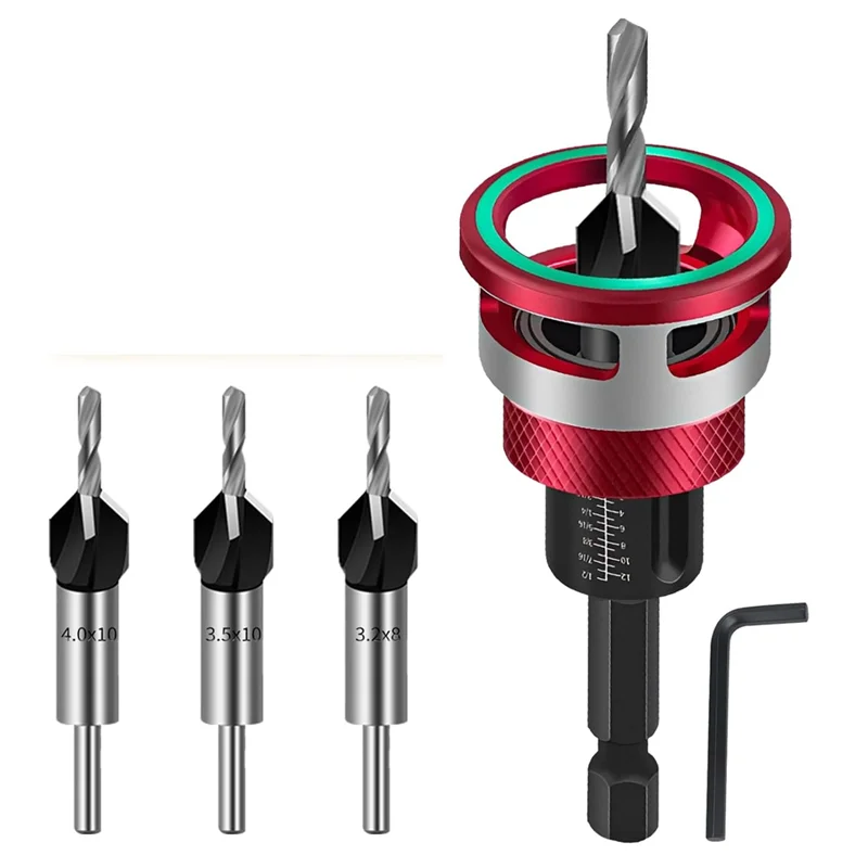 A03F-Wood Countersink Drill Bit Set 6-Piece Including Depth Stop Precision For Woodworking Drills