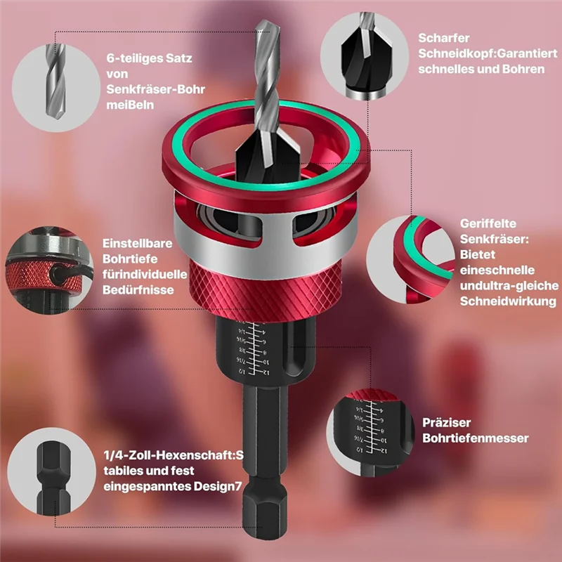 A03F-Wood Countersink Drill Bit Set 6-Piece Including Depth Stop Precision For Woodworking Drills