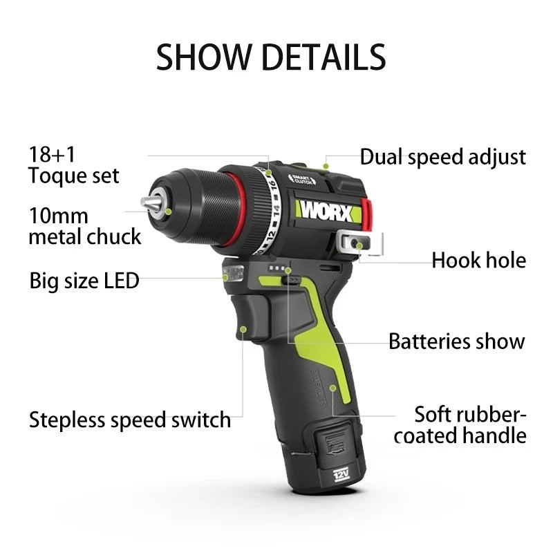 WORX WU135 Cordless Electric Drill Electric Screwdriver 12V 50N.m 1800rpm Brushless Motor Impact Drill Metalworking Smart Cutch