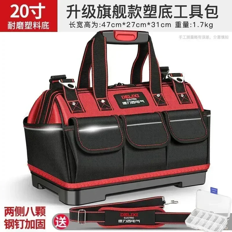 DELIXI Portable 1680D Oxford Tool Bag with Plastic Bottom Waterproof Durable Large Capacity Toolbag for Electrician Woodworker