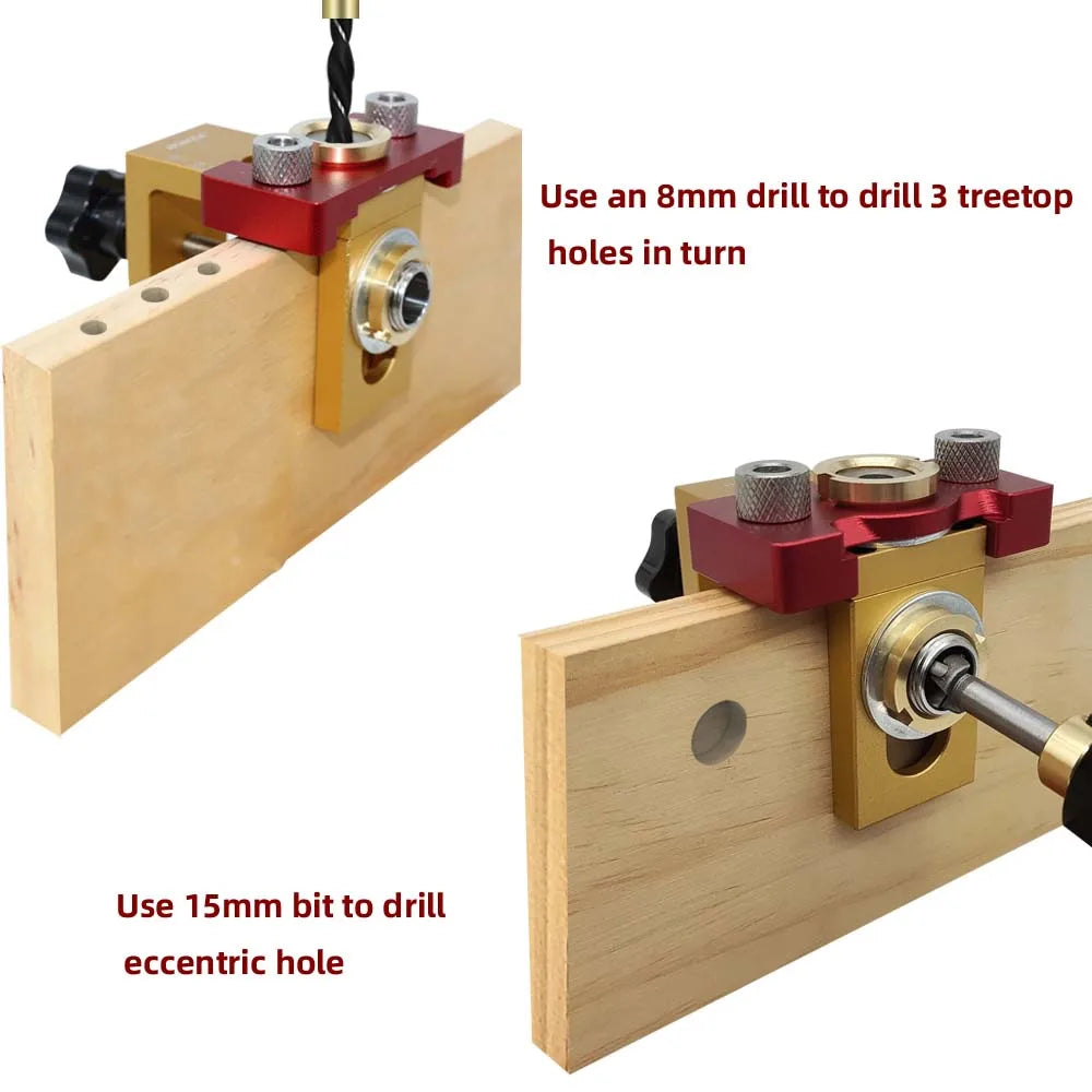 Kit de gabarit de perçage 3 en 1 avec clip de positionnement, guide de perçage réglable, poinçon et localisateur pour le travail du bois et les assemblages. Outils pour la menuiserie et le bricolage. 