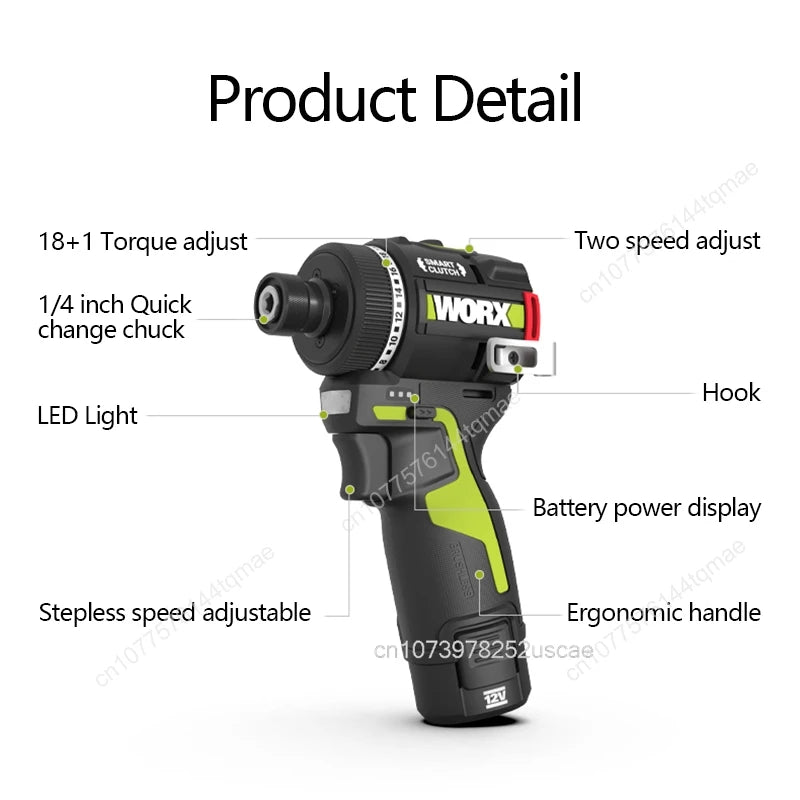 Worx WU139 Cordless Screwdriver Dual Speed 50Nm 12v 1800rpm 18+1 Brushless Motor Adjust Torque Univeral Green 12V Battery Pack