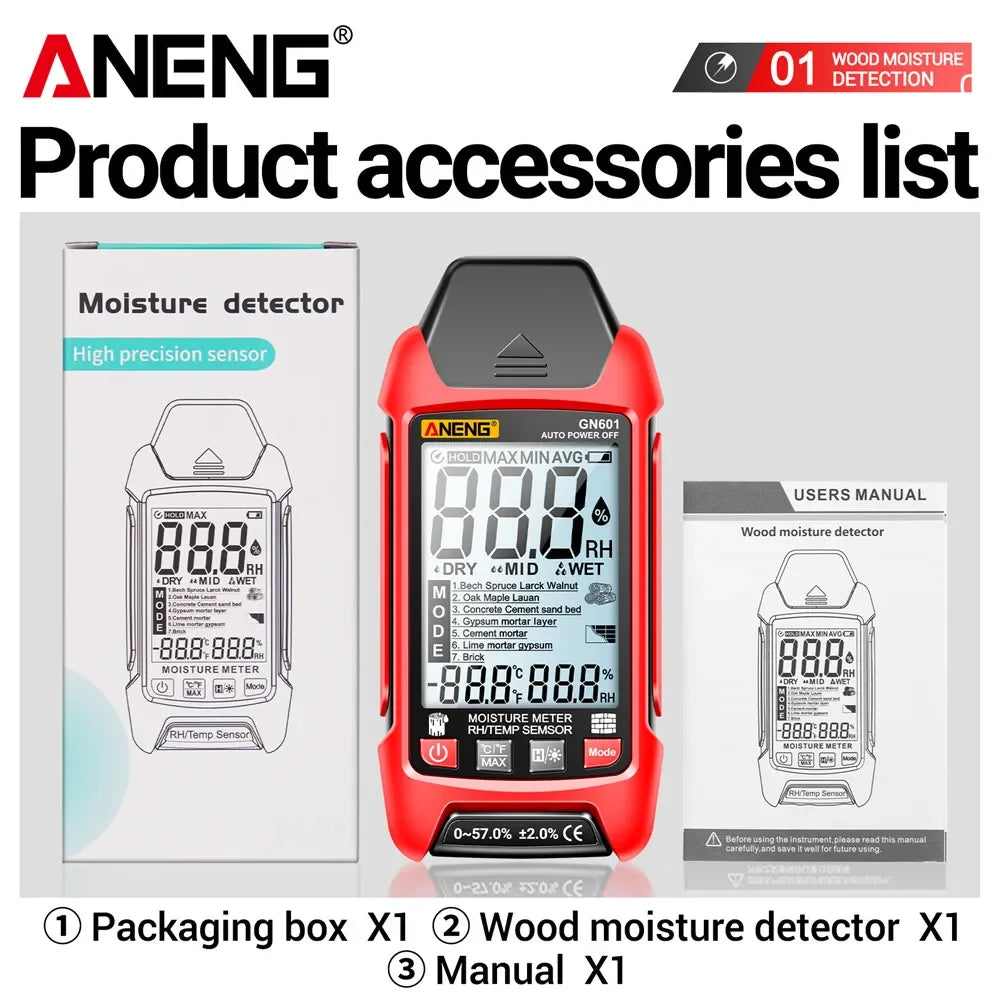 ANENG GN601 Digital Wood Moisture Meter 0~99.9% Timber Hygrometer  Meter Multiscene Measure Temperature Humidity Probe Testers
