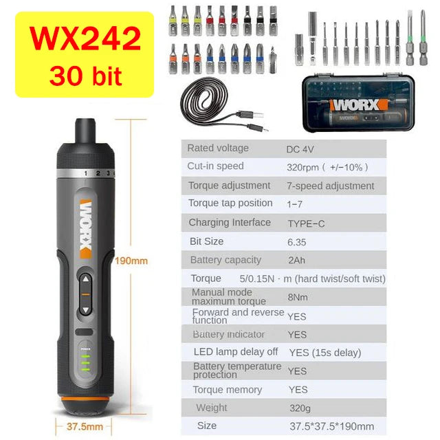Kit de tournevis électriques Worx 4V WX242 : tournevis électriques sans fil intelligents, poignée rechargeable USB et 30 embouts. 
