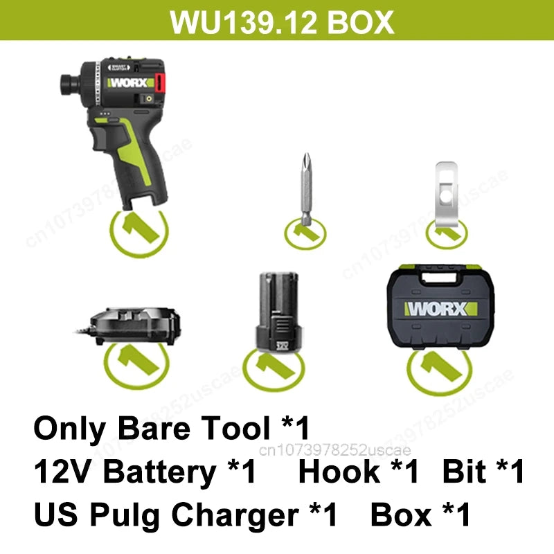 Worx WU139 Cordless Screwdriver Dual Speed 50Nm 12v 1800rpm 18+1 Brushless Motor Adjust Torque Univeral Green 12V Battery Pack