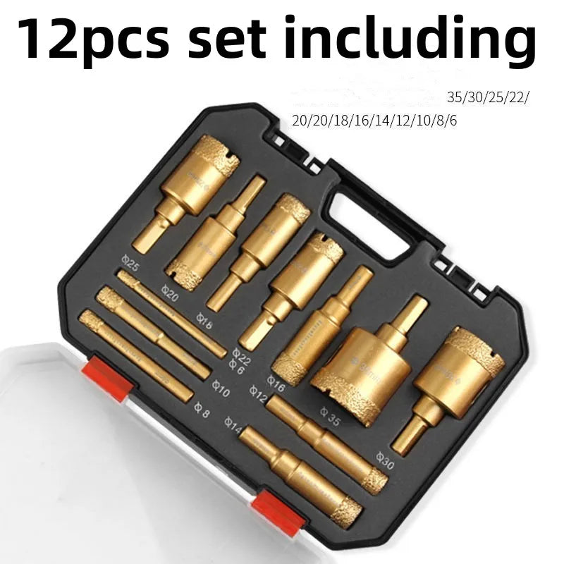Diamond gold12pcs 6-35mm Brazing drill bit set box Angle Grinder Hole Opener Glass Marble Granite Ceramic Saw Kit Stone Reaming
