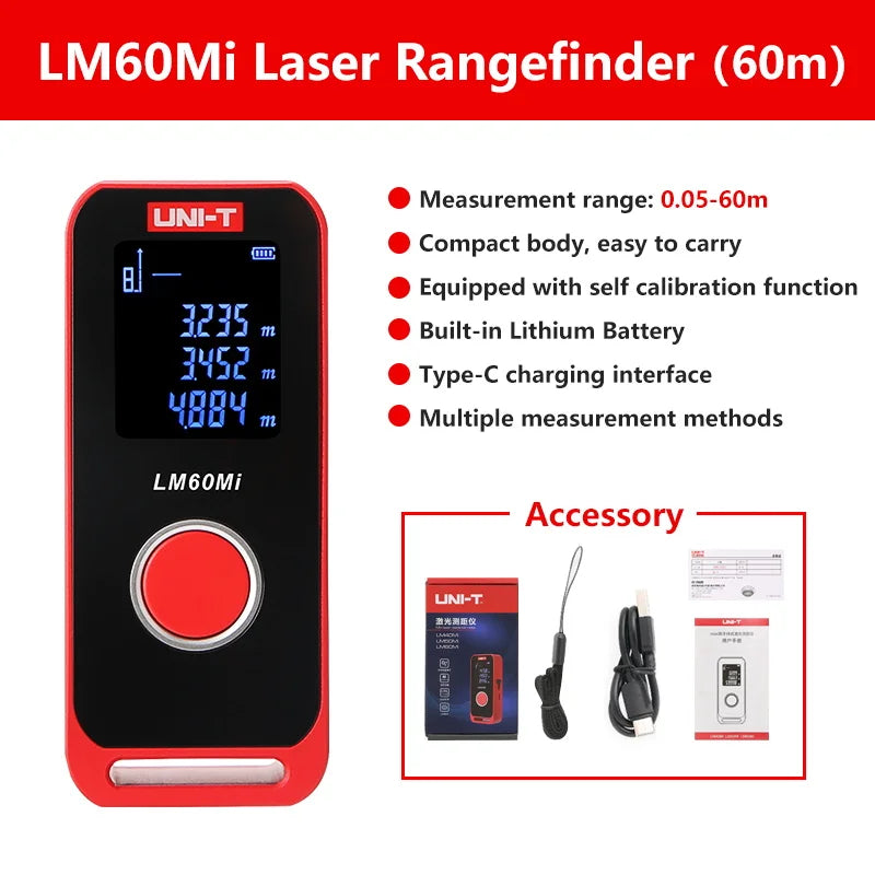 UNI-T Mini Laser Distance Meter 40m 60m Range Finder LED Display Digital Tape Measure Rechargeable Handheld Rangefinder