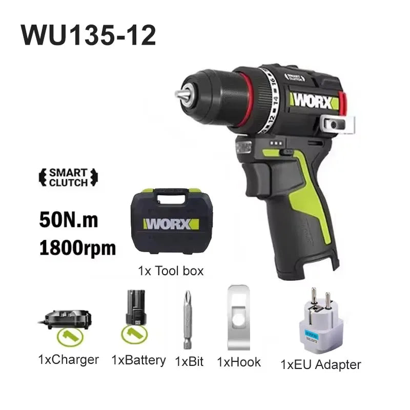 WORX WU135 Cordless Electric Drill Electric Screwdriver 12V 50N.m 1800rpm Brushless Motor Impact Drill Metalworking Smart Cutch