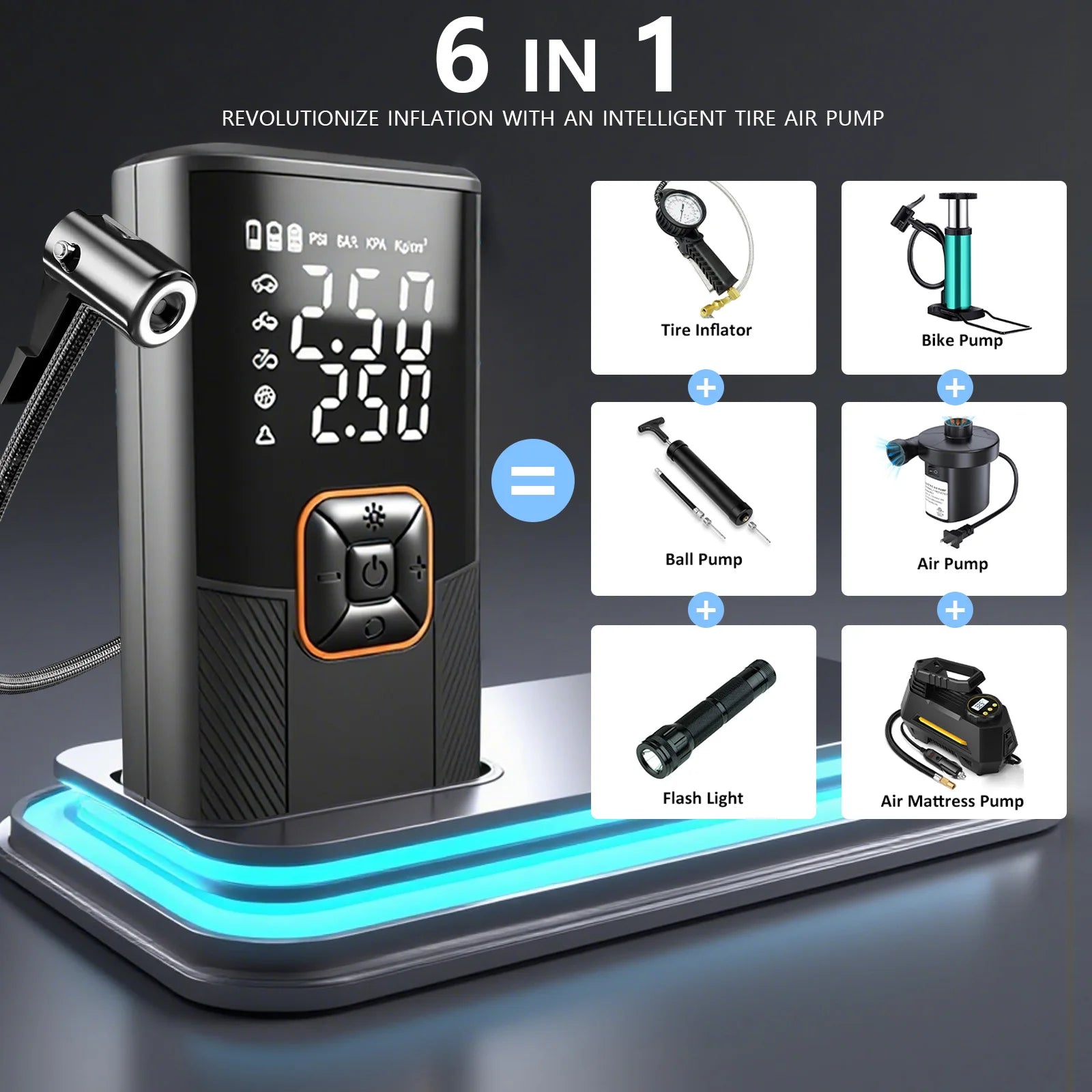 New Portable Cordless Air Pump For Car Tire Inflator With LED Light Large Capacity Battery USB C Fast Charging Electric Pump