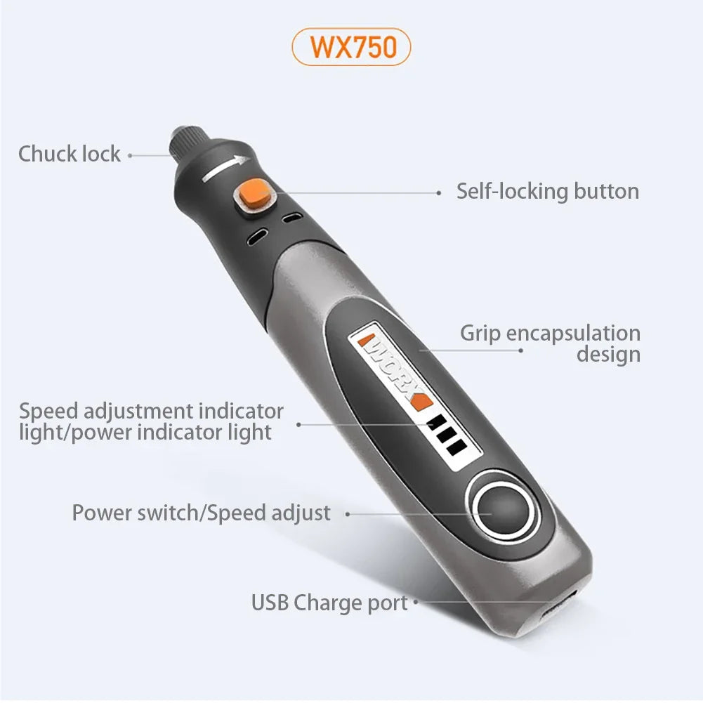 Worx 8V Rotary WX750 WX106 Cordless Mini Drill Engraving Grinding Polishing Machine USB Charger Variable Speed Power Tools Bits