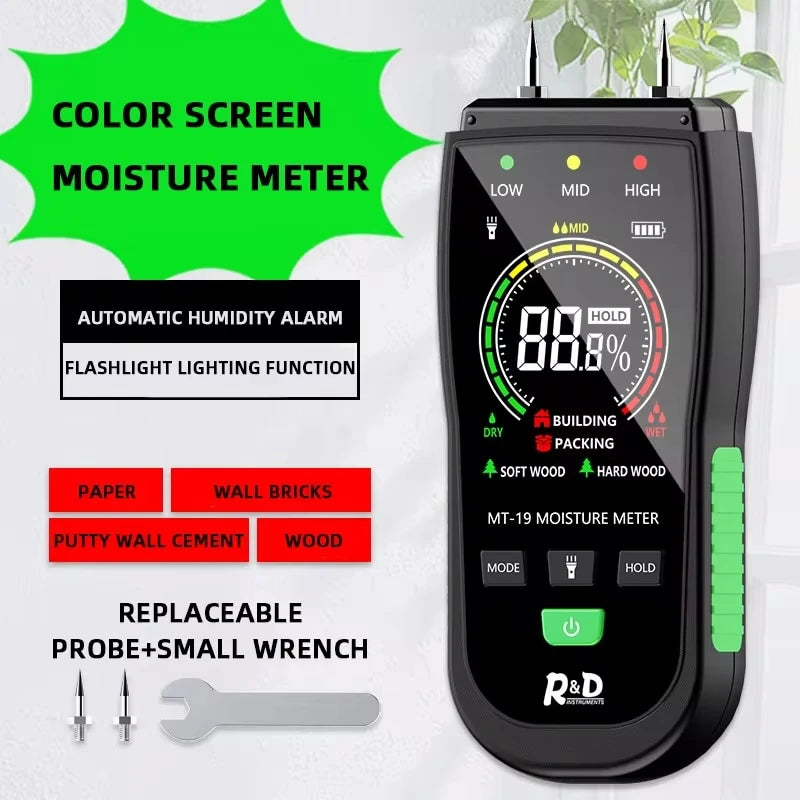MT19 LED Color Screen Wood Moisture Meter Wall Moisture Content Tester Paperboard Humidity Detector Cement Brick Moisture Tester
