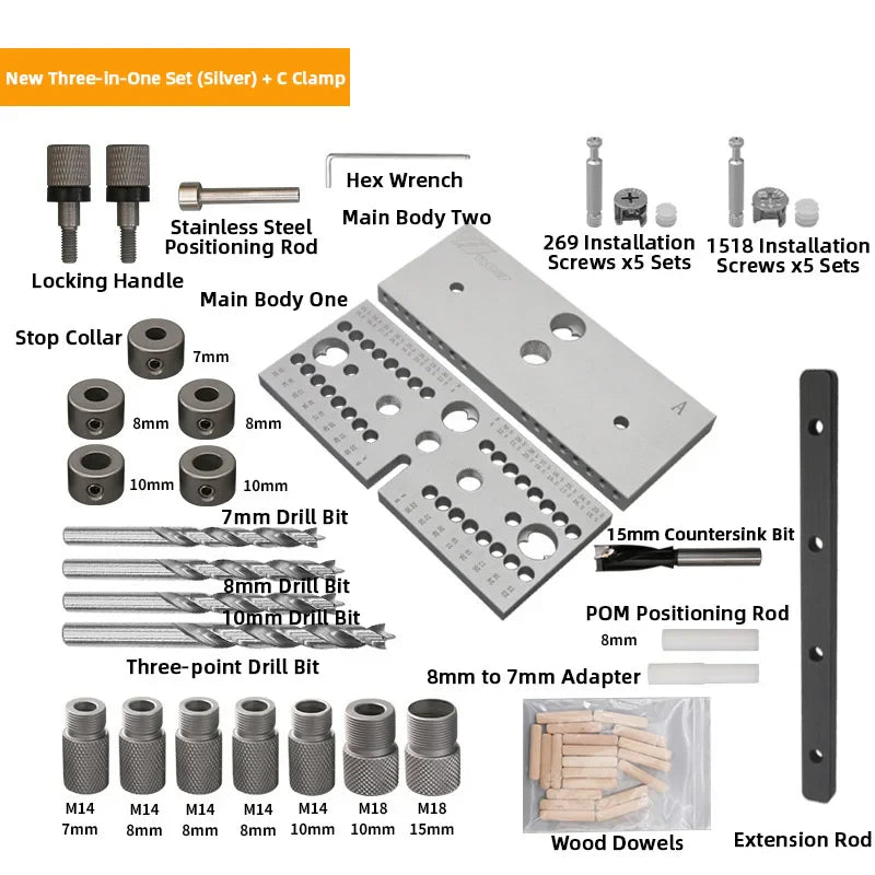 WNew Woodworking Drilling Locator 3 In 1 Aluminum Tenon Hole Puncher Hardware Tools Set Of Drills Carpentry Drill Accessories - Image 8