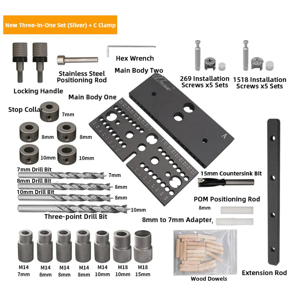 WNew Woodworking Drilling Locator 3 In 1 Aluminum Tenon Hole Puncher Hardware Tools Set Of Drills Carpentry Drill Accessories - Image 9